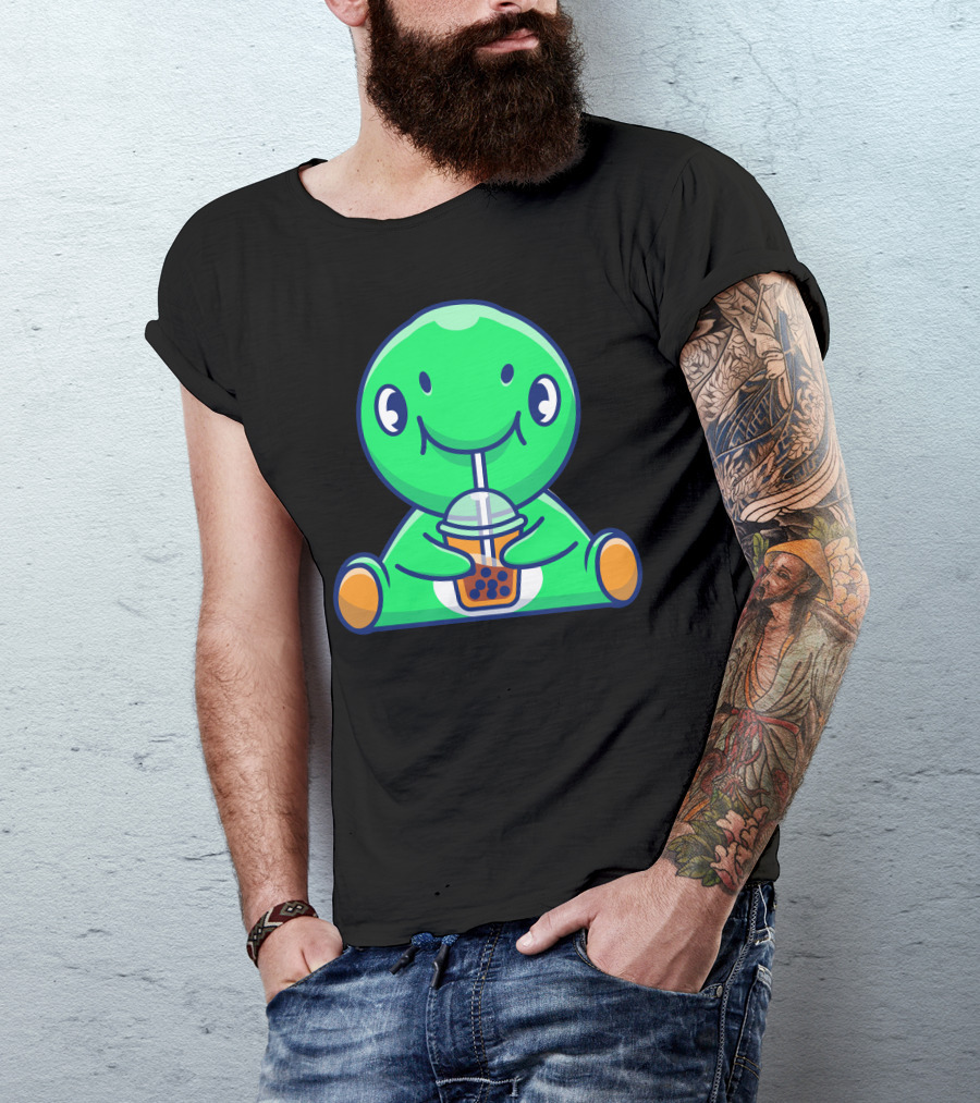 Cute Green Dinosaur Enjoying Boba Tea With Straw T-Shirt