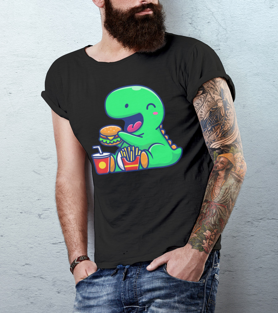 Cute Dinosaur Enjoying Burger Fries And Drink T-Shirt