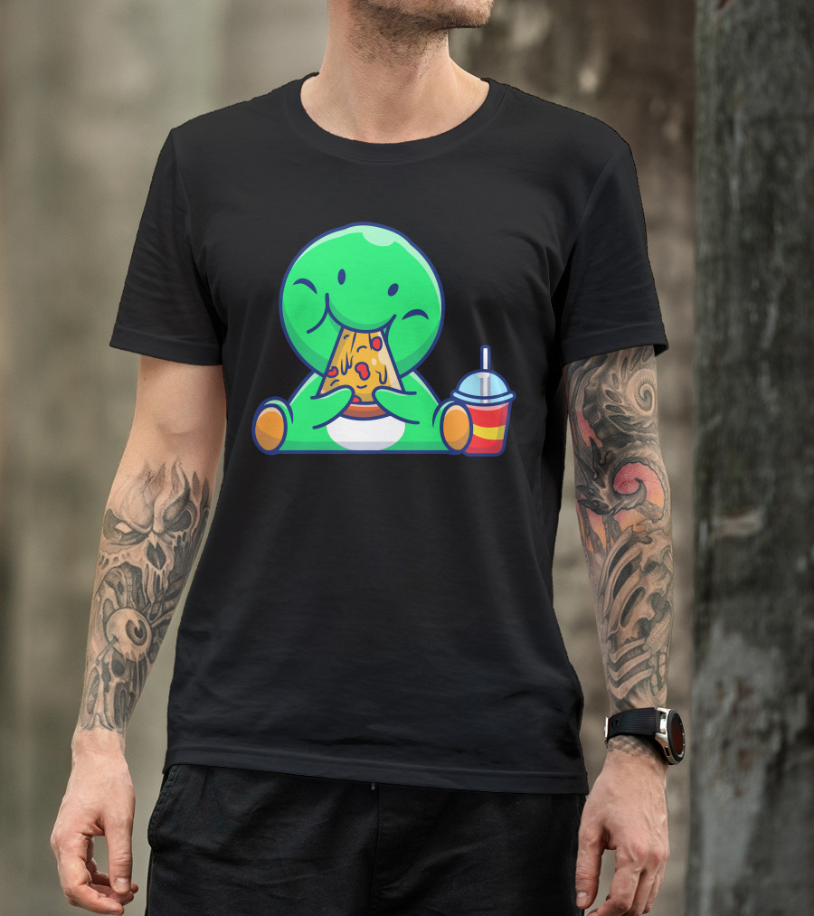 Cute Dinosaur Munching Pizza With Drink T-Shirt