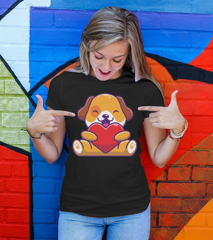 Cute Puppy Embracing Heart With Joyful Expression T-Shirt