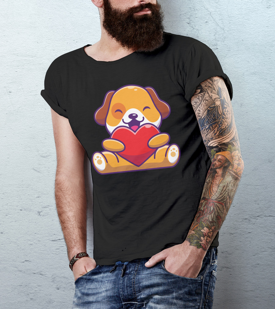 Cute Puppy Embracing Heart With Joyful Expression T-Shirt