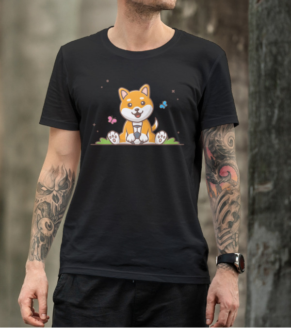 Cute Dog Surrounded By Butterflies On Grass T-Shirt