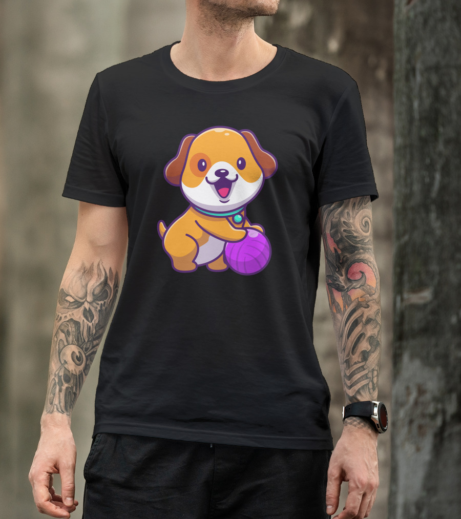 Adorable Dog Joyfully Holding Purple Yarn Ball T-Shirt