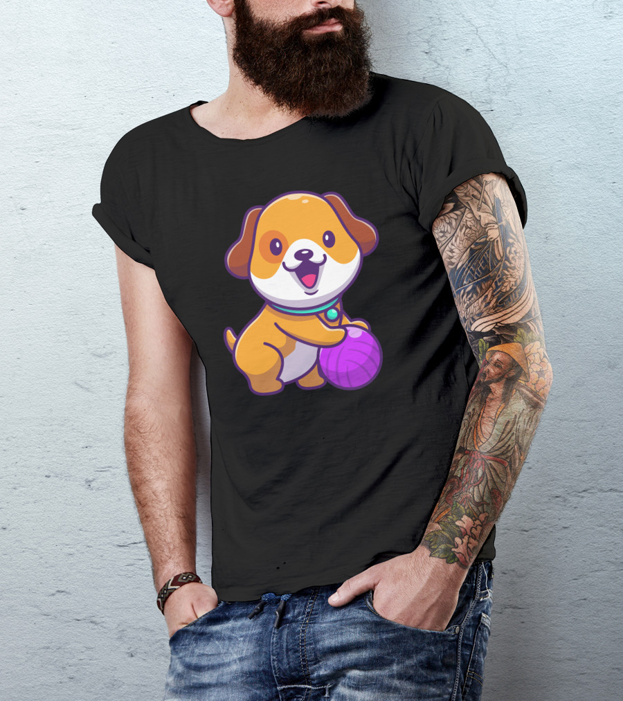 Adorable Dog Joyfully Holding Purple Yarn Ball T-Shirt