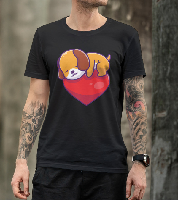 Cute Dog Sleeping On Red Heart T-Shirt