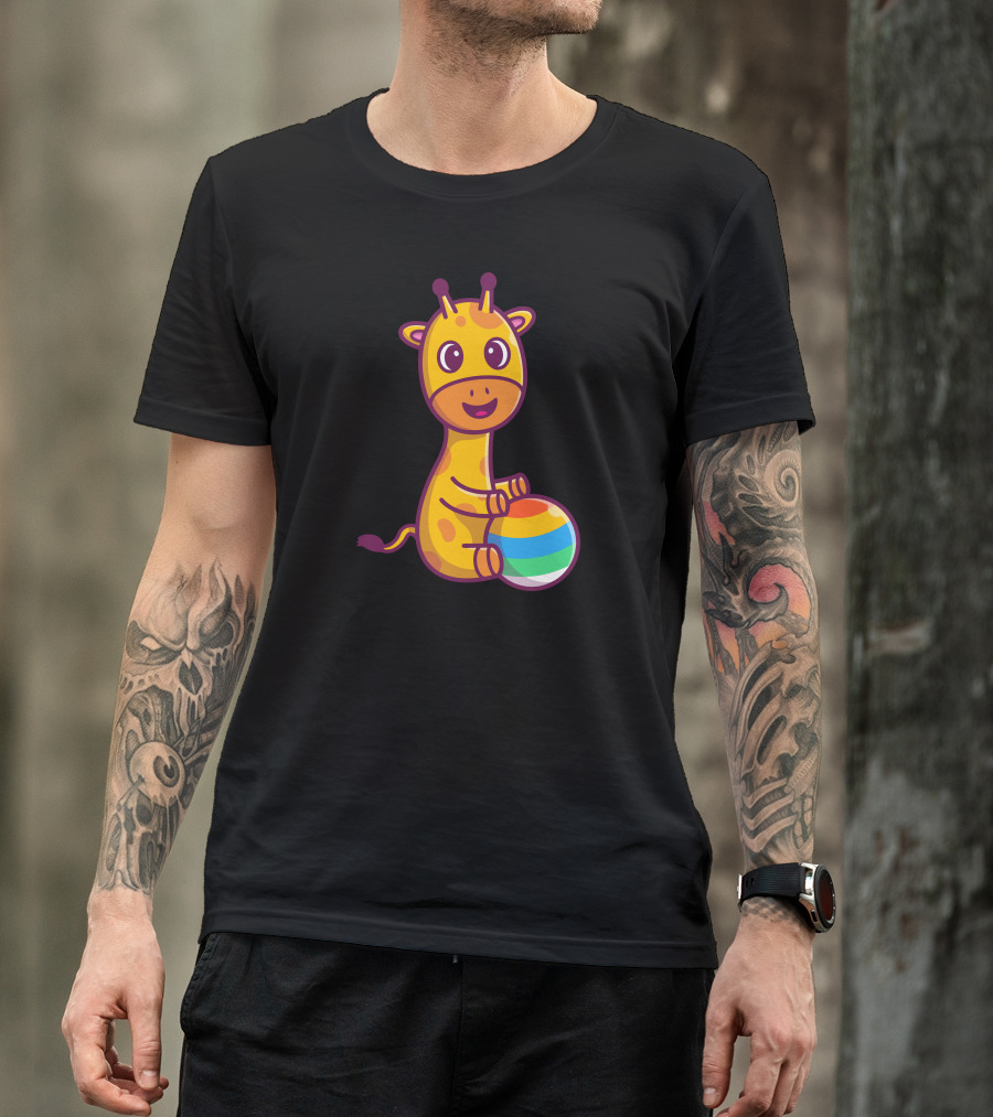 Smiling Giraffe Holding Colorful Striped Ball T-Shirt