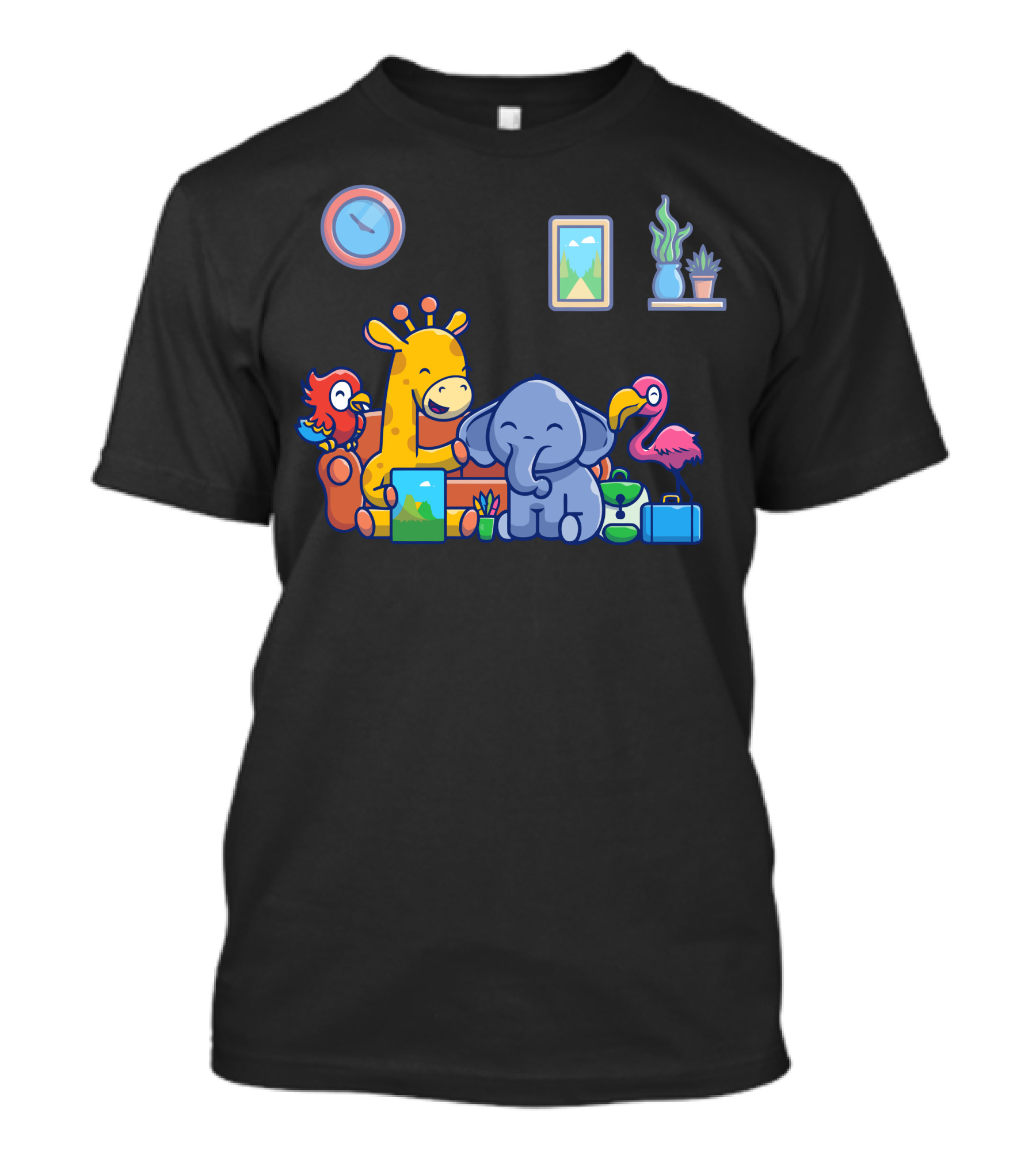 Cute Happy Animals Gathering With Elephant, Giraffe, Parrot, Flamingo, Clock, And Plants T-Shirt