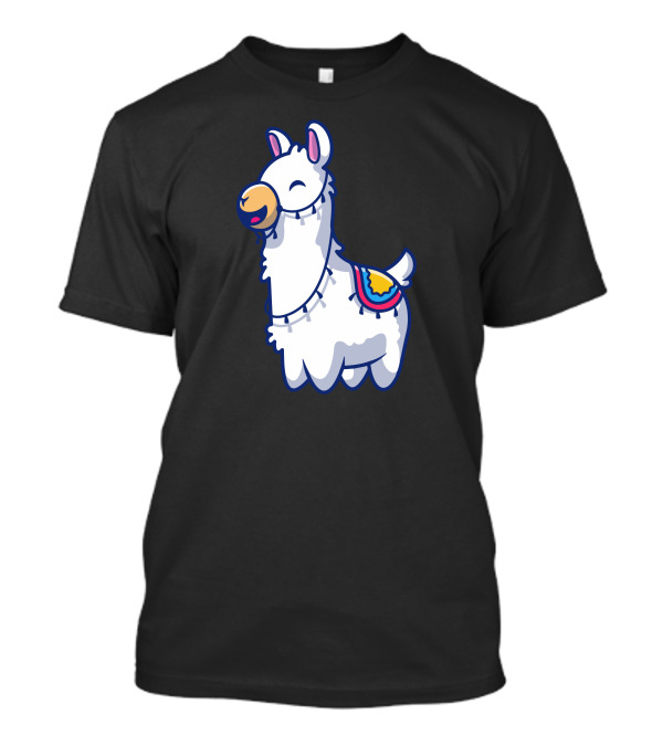 Cute Llama Cartoon Smiling Character With Colorful Blanket T-Shirt