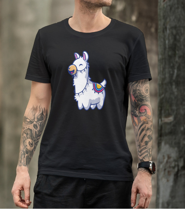 Cute Llama Cartoon Smiling Character With Colorful Blanket T-Shirt