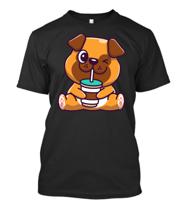 Cute Pug Drinking Coffee Winking Adorable Cartoon T-Shirt