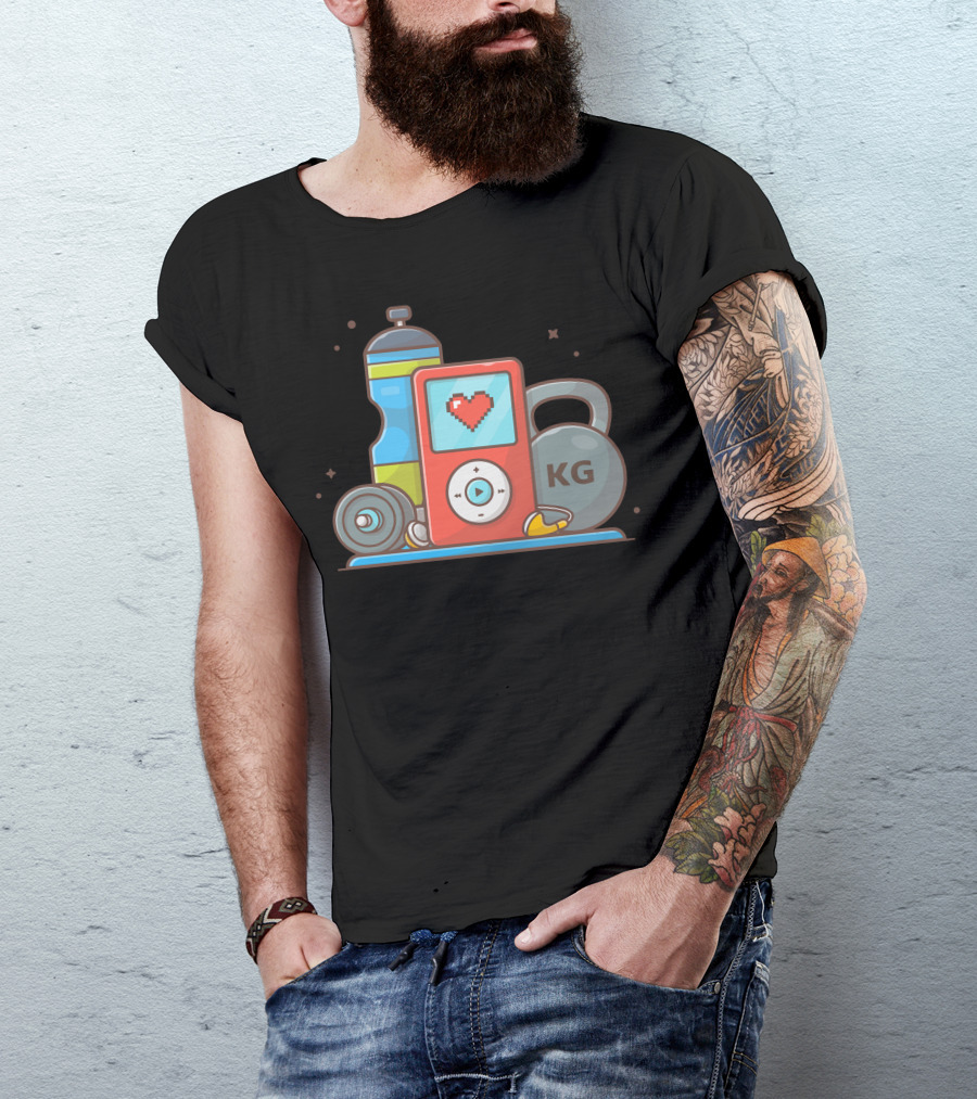 Digital Audio Player Heart Icon With Barbell Kettlebell KG And Water Bottle T-Shirt