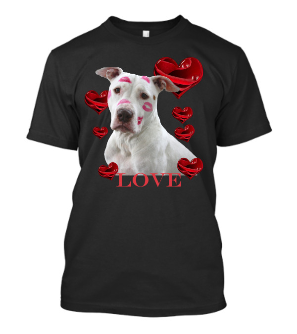 Dog With Lipstick Marks And Love Surrounded By Red Hearts T-Shirt