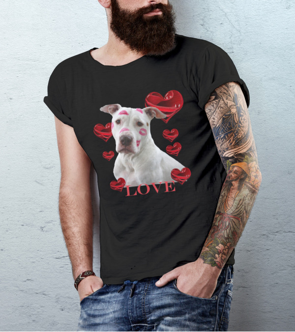 Dog With Lipstick Marks And Love Surrounded By Red Hearts T-Shirt