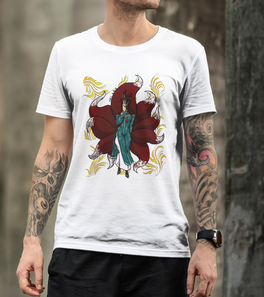 Kitsune Ren Nine-Tailed Fox Spirit With Red Tails And Blue Kimono T-Shirt