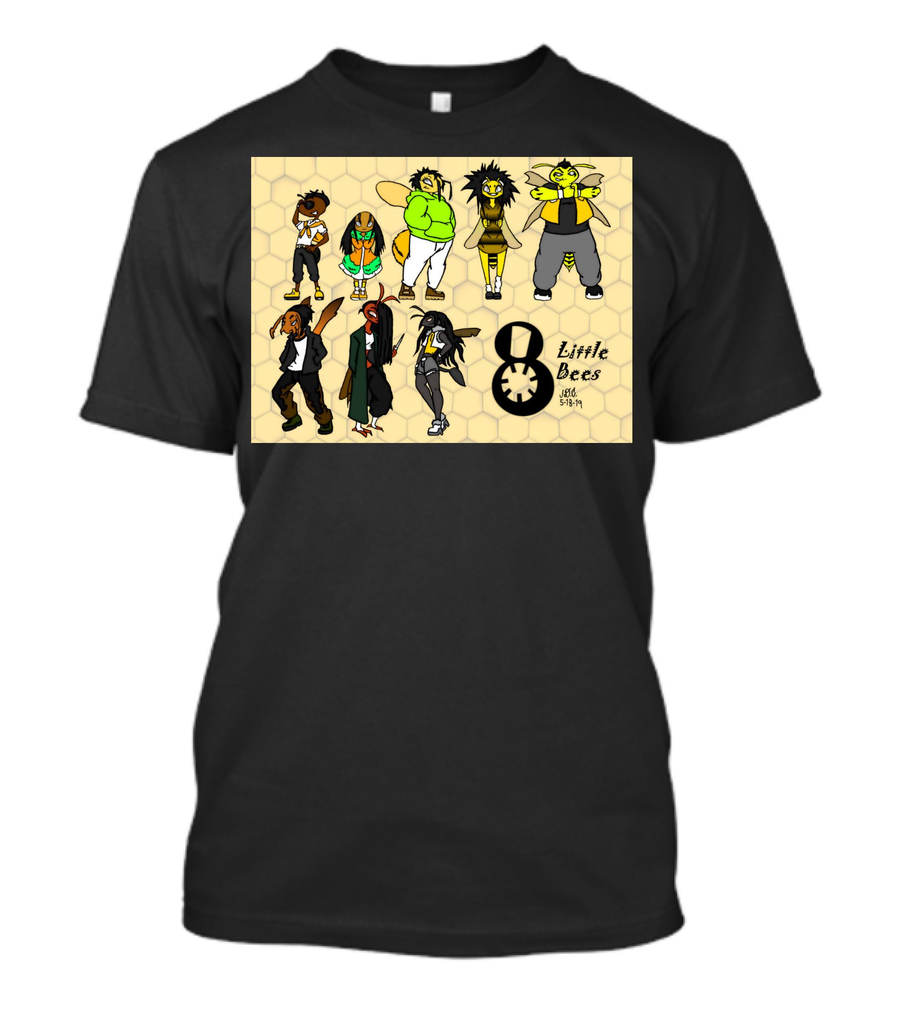 8 Little Bees Urban Style Characters Honeycomb Background T-Shirt