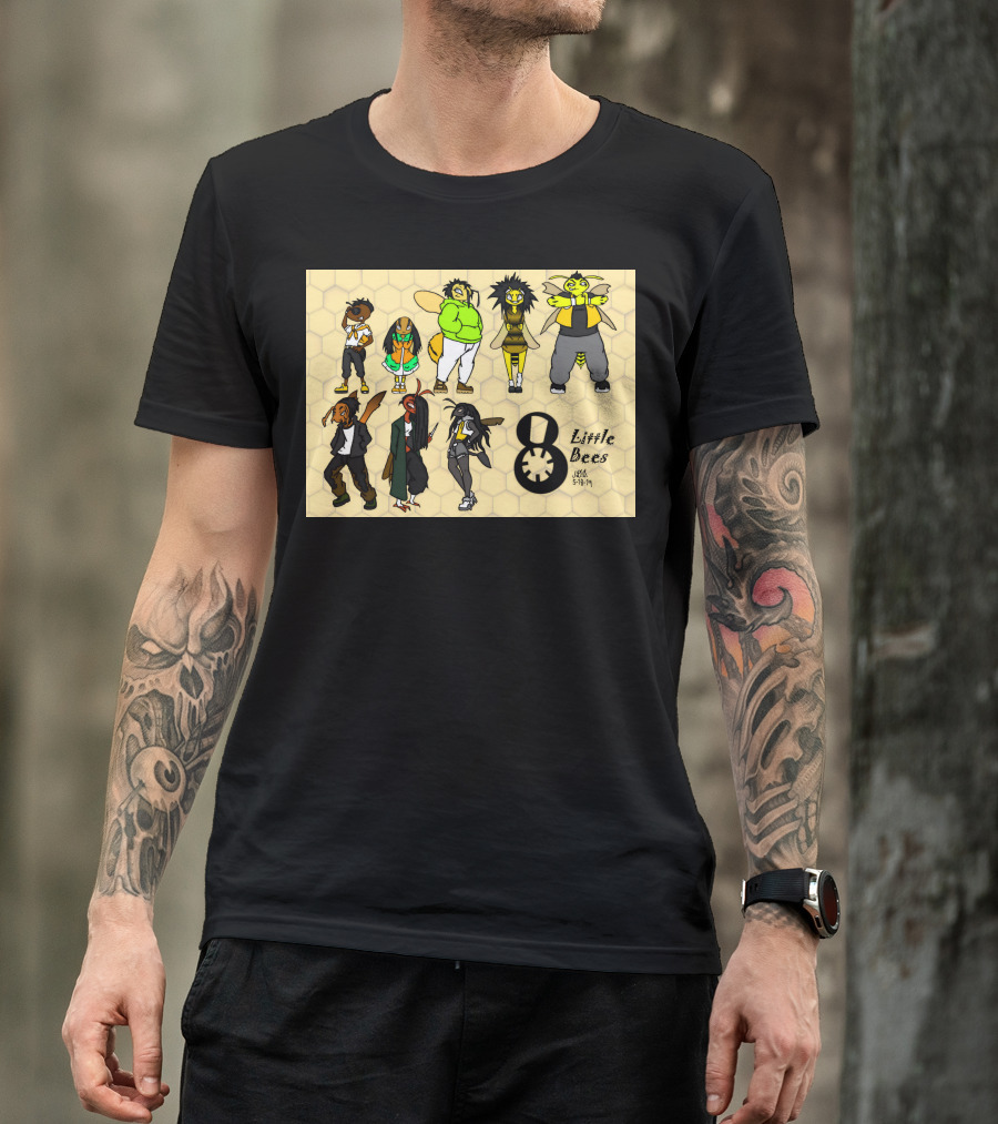 8 Little Bees Urban Style Characters Honeycomb Background T-Shirt