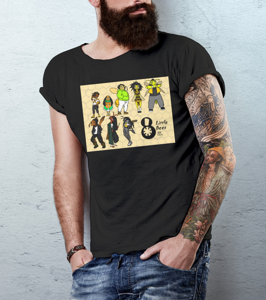 8 Little Bees Urban Style Characters Honeycomb Background T-Shirt