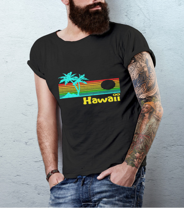 Hawaii Vintage 80s Retro Palm Trees Sunset Stripes T-Shirt