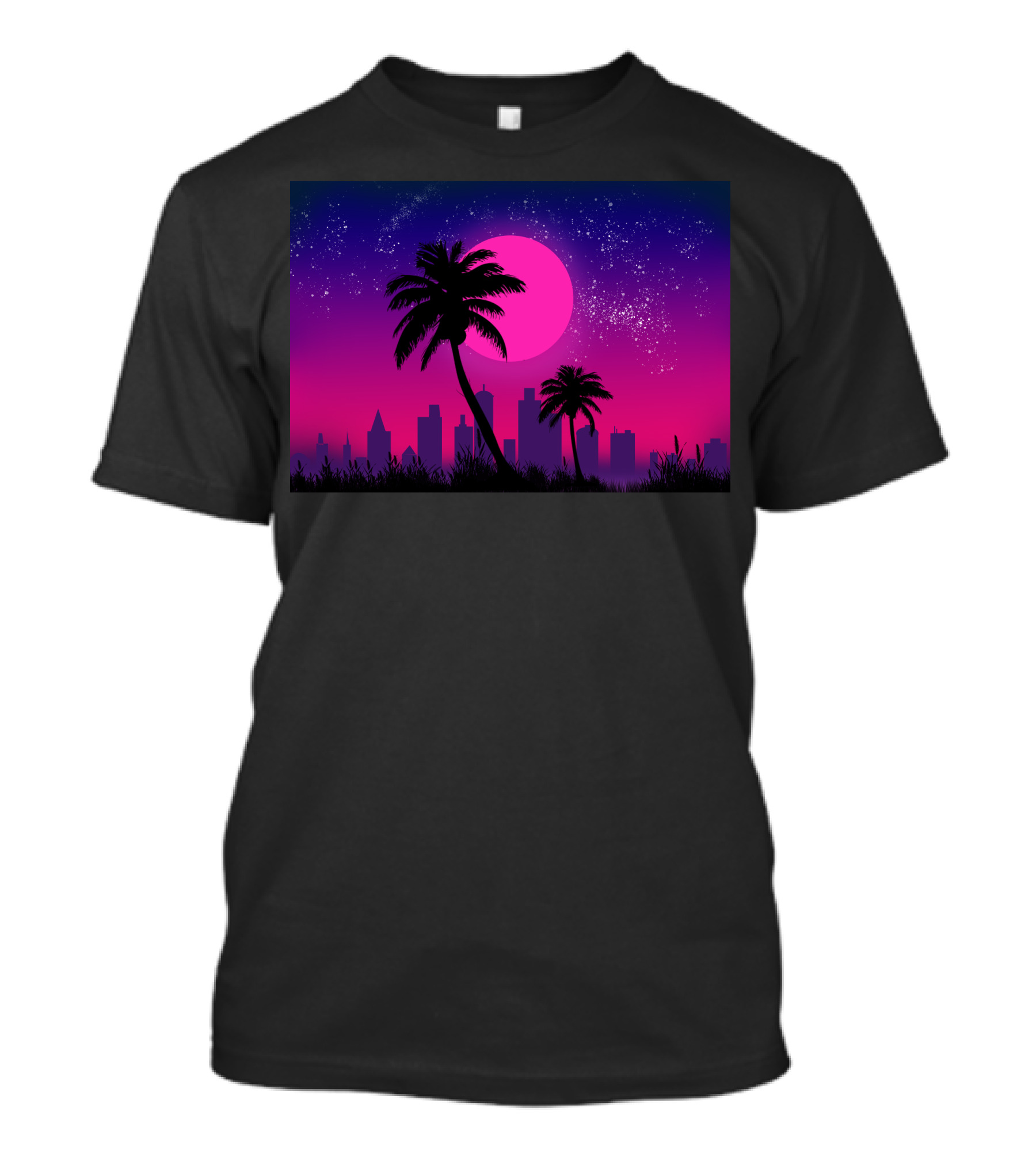 Retro Palm Cityscape Under Neon Starry Sky T-Shirt