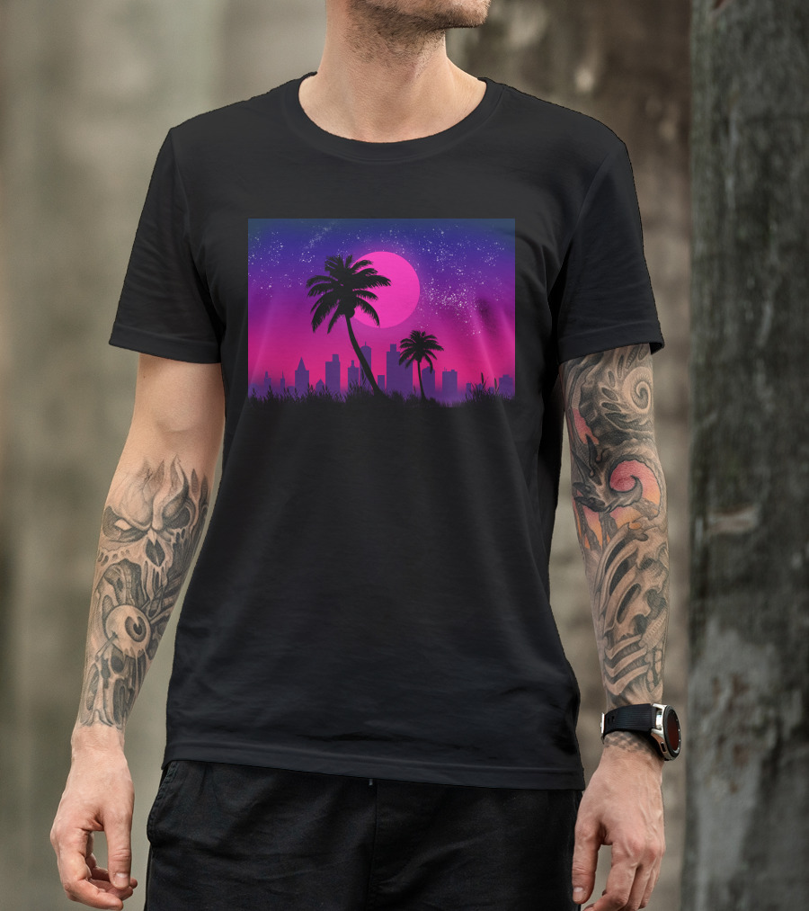 Retro Palm Cityscape Under Neon Starry Sky T-Shirt