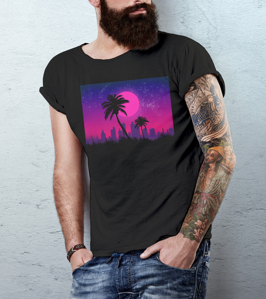 Retro Palm Cityscape Under Neon Starry Sky T-Shirt
