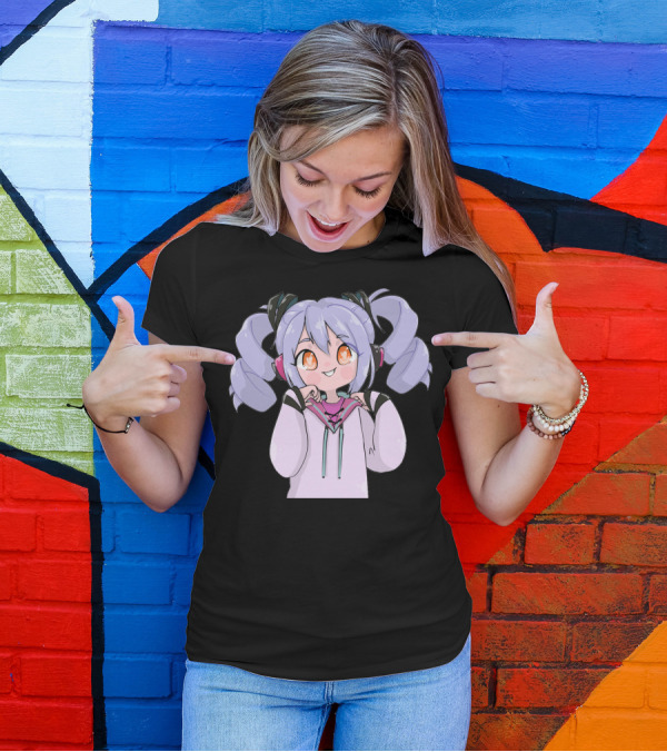 Anime Girl With Blue Hair And Orange Eyes In T-Shirt