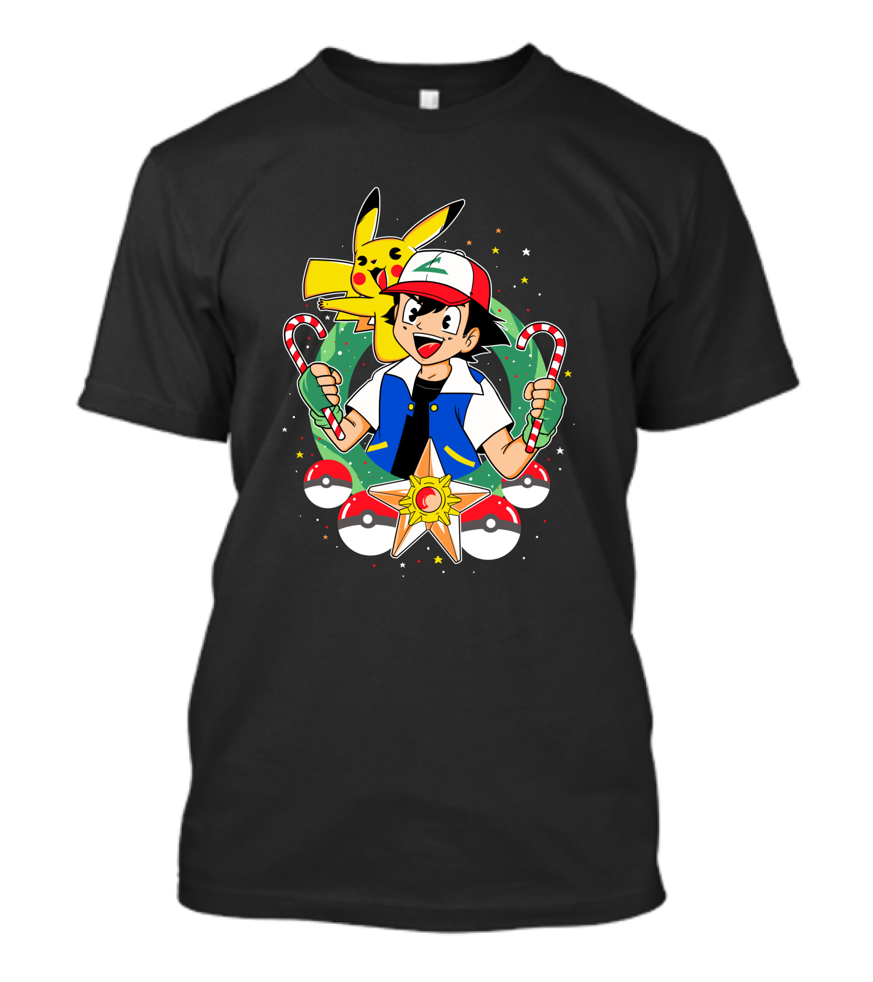 Pokemon Ash And Pikachu Holiday Celebration With Pokeballs And Candy Canes T-Shirt