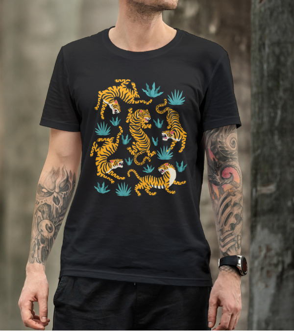 Asian Tigers Vibrant Jungle Scene With Bold Tiger Illustrations And Foliage Elements T-Shirt