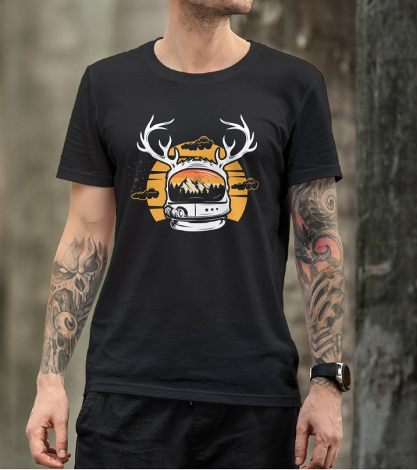 Astrodeer Antlered Astronaut Helmet With Mountain And Sunset Scene T-Shirt
