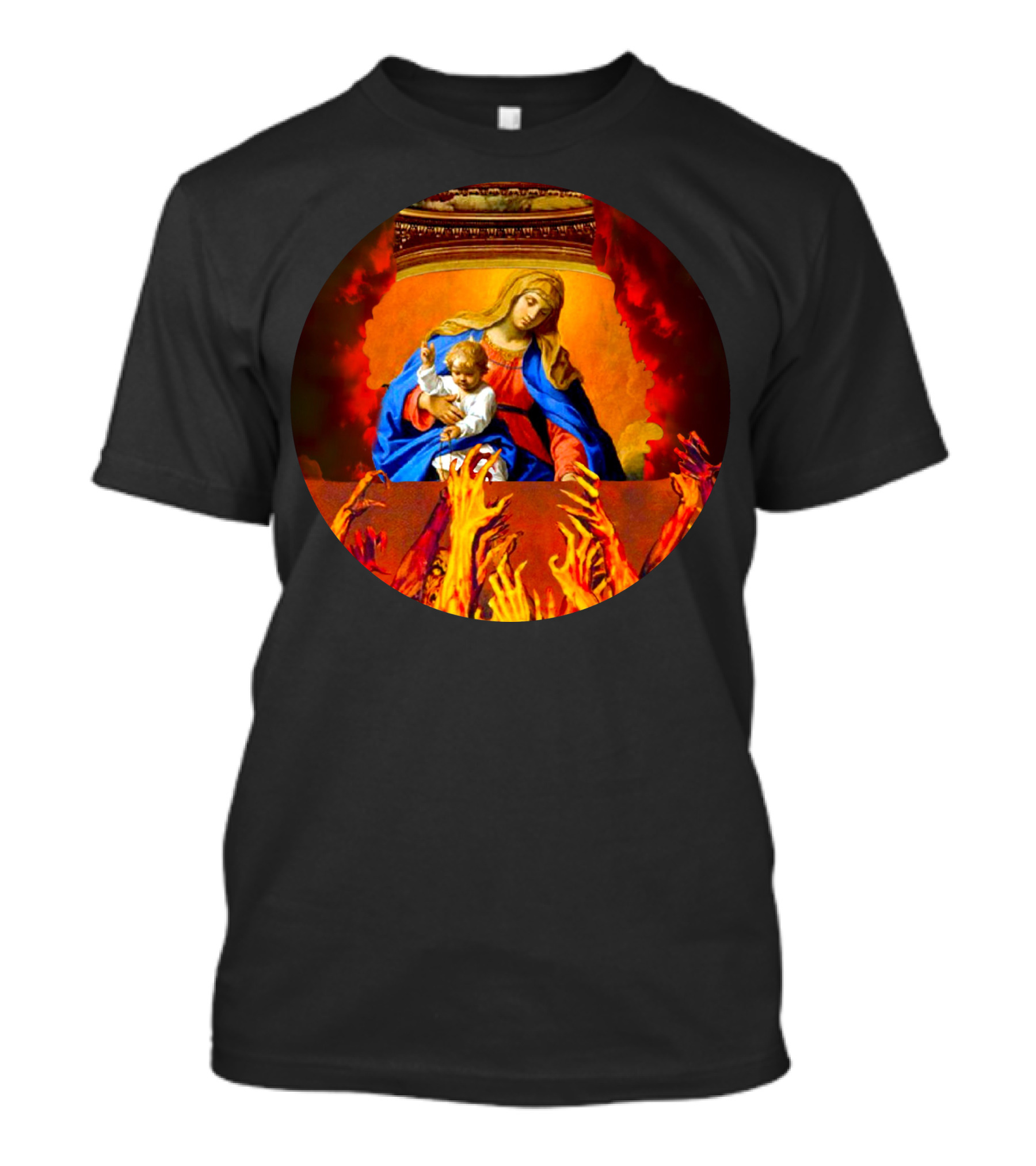 Blessed Virgin Mary With Child Surrounded By Flames And Reaching Hands T-Shirt