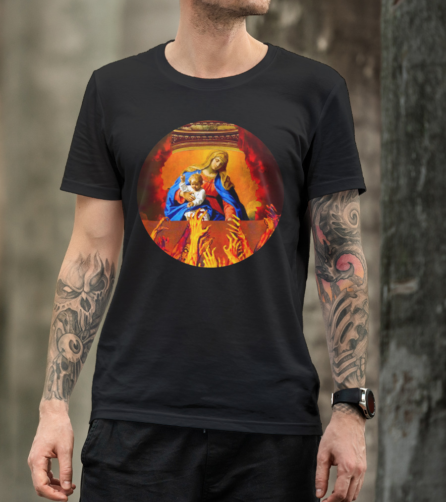 Blessed Virgin Mary With Child Surrounded By Flames And Reaching Hands T-Shirt