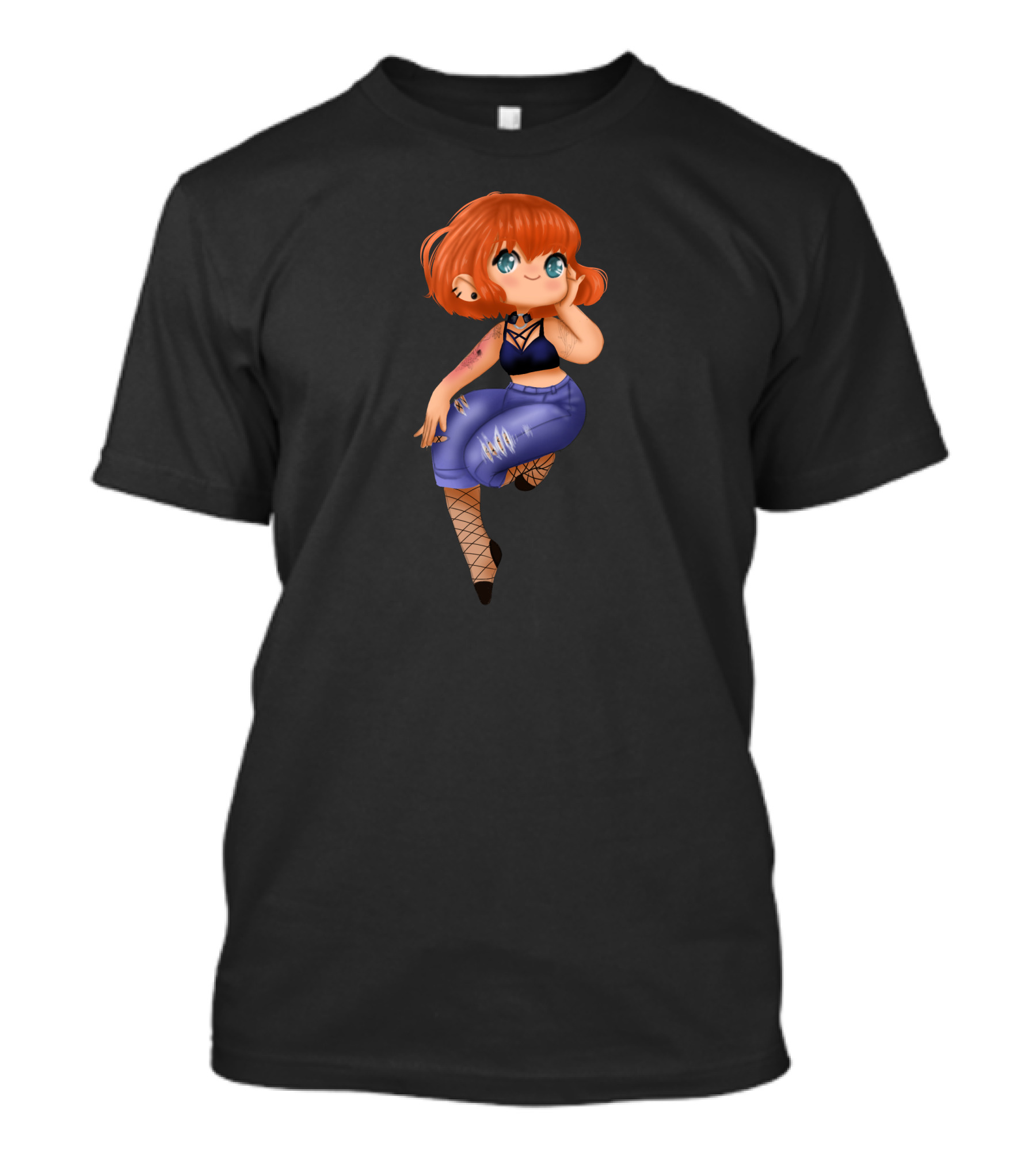 Body Positive Red-Haired Character In Cropped Blue Outfit And Fishnet Leggings T-Shirt