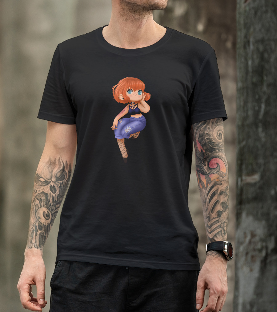 Body Positive Red-Haired Character In Cropped Blue Outfit And Fishnet Leggings T-Shirt