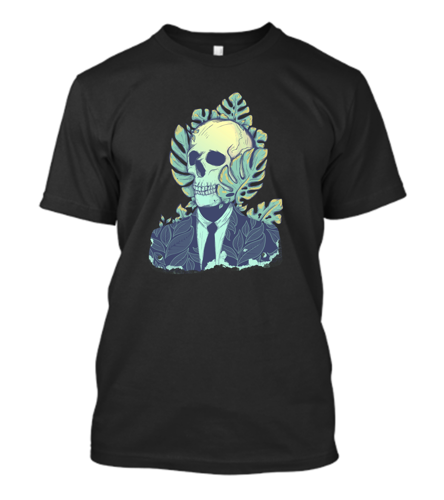 Botanical Man Skull In Suit With Tropical Leaves T-Shirt