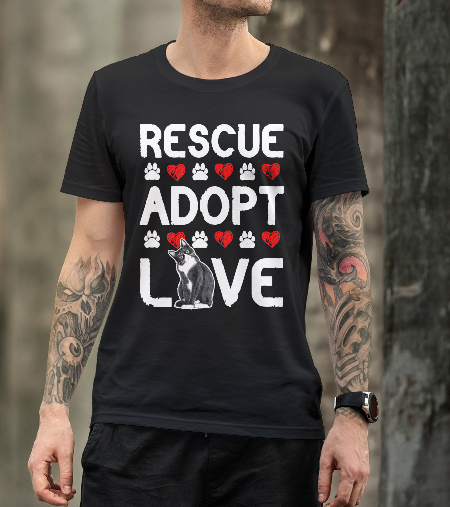 RESCUE ADOPT LOVE Cat With Paw Prints And Hearts T-Shirt