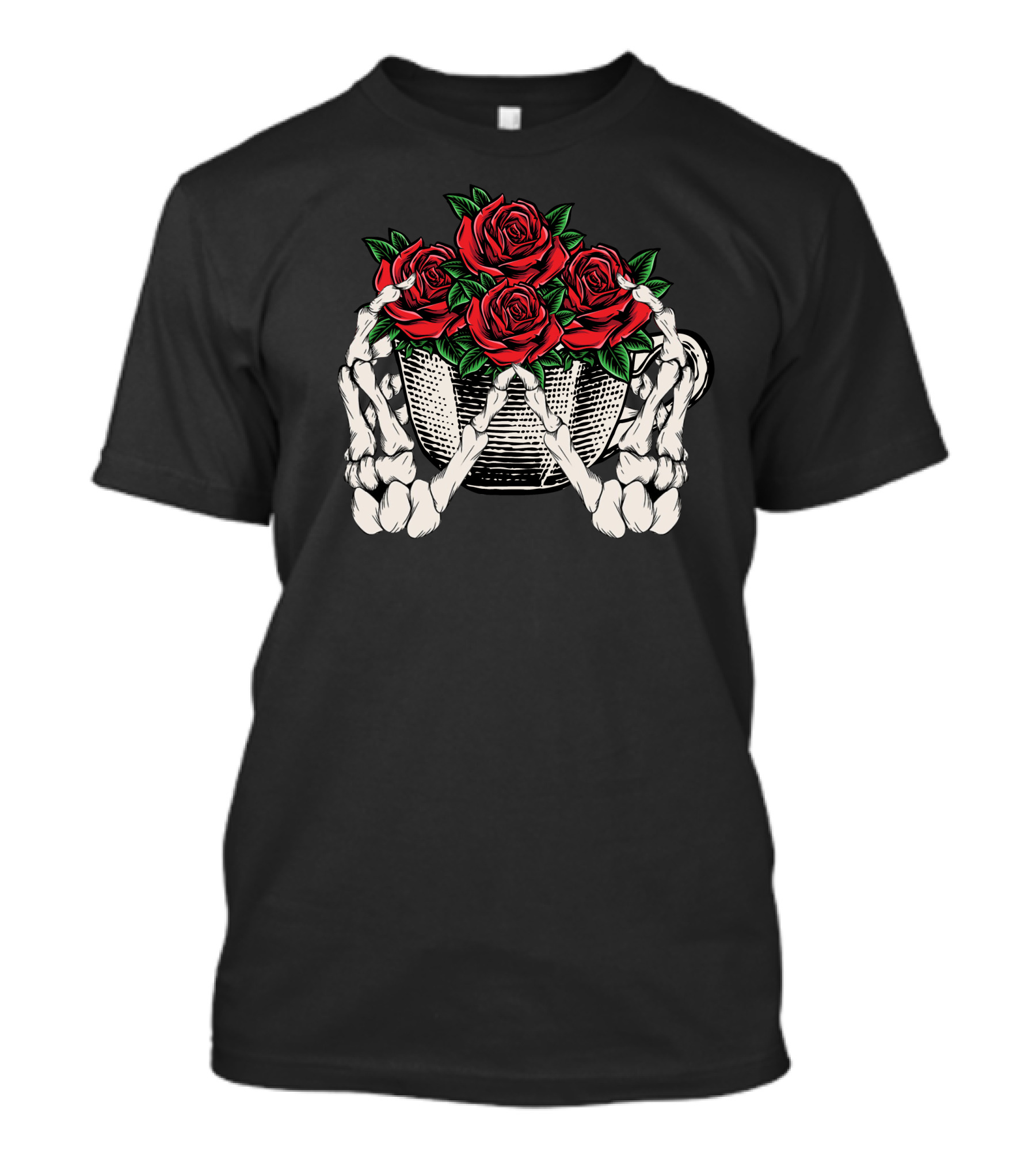 Skeleton Hands Holding Coffee Mug With Red Roses Coffee Morning T-Shirt