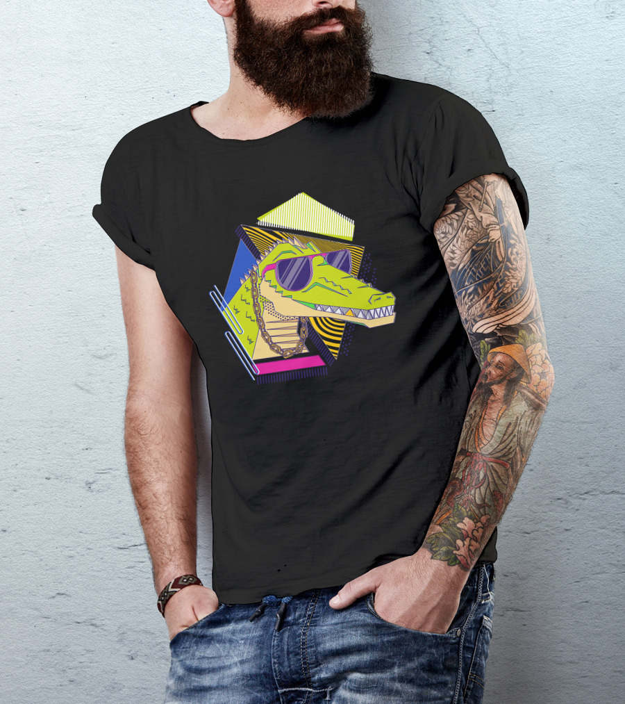 Croco Style Retro Neon Sunglasses And Chain T-Shirt