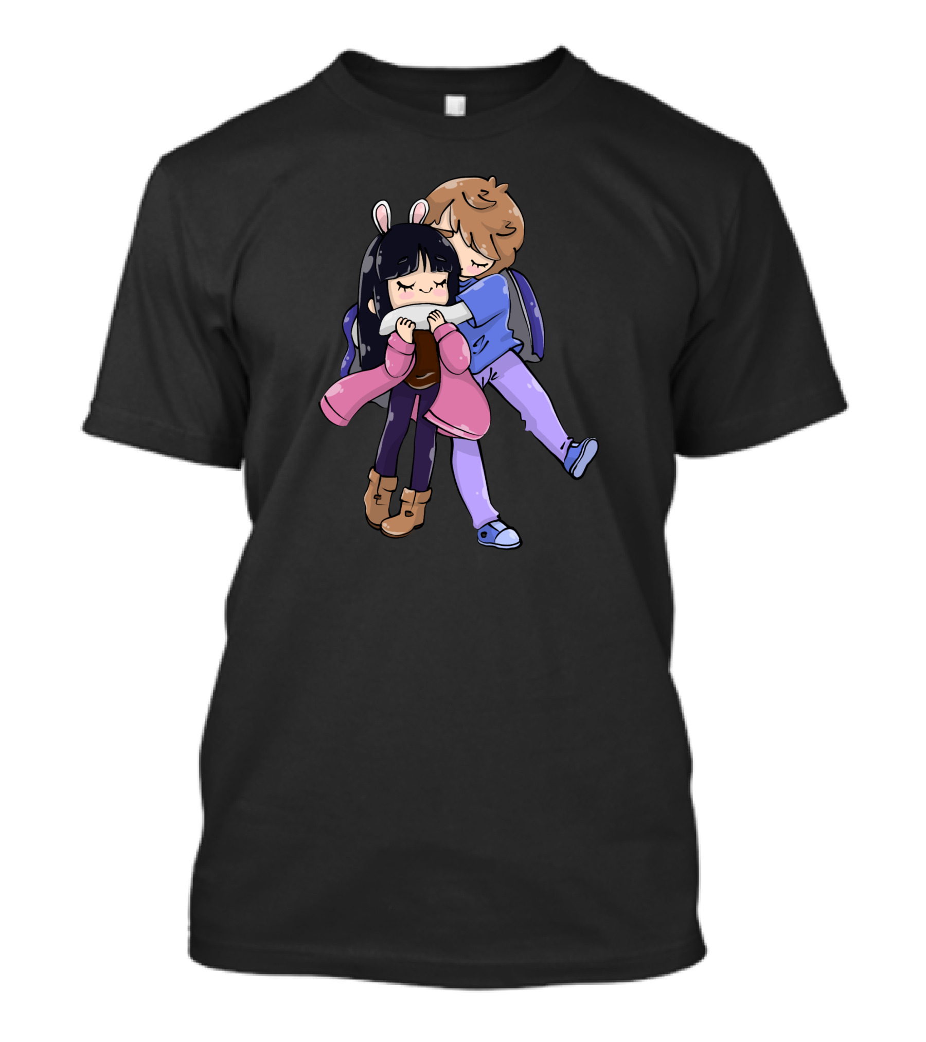 Cute Couple Hugging With Bunny Ears And Backpack T-Shirt