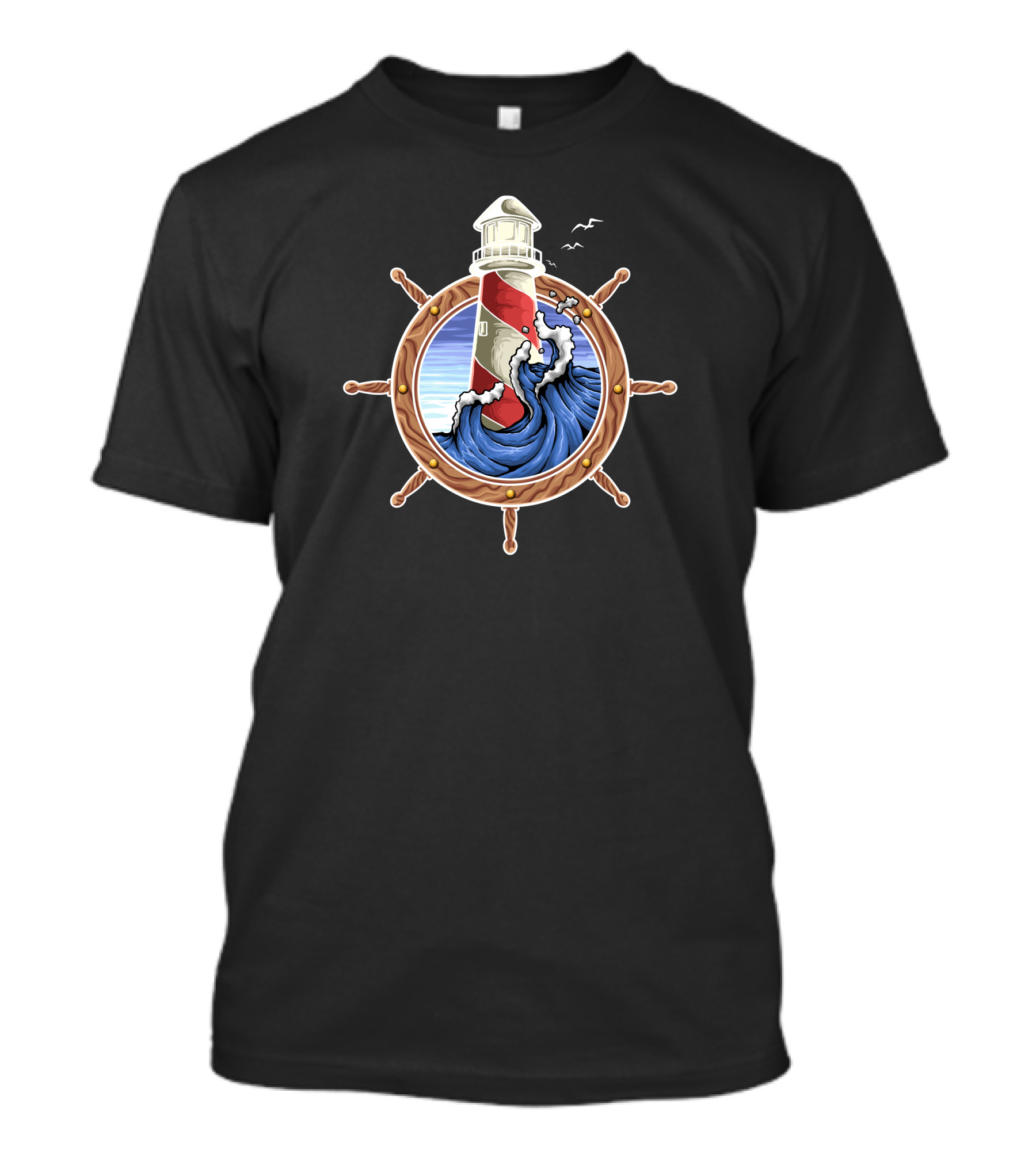 Cute Lighthouse Sea Ocean Waves Steering Wheel T-Shirt