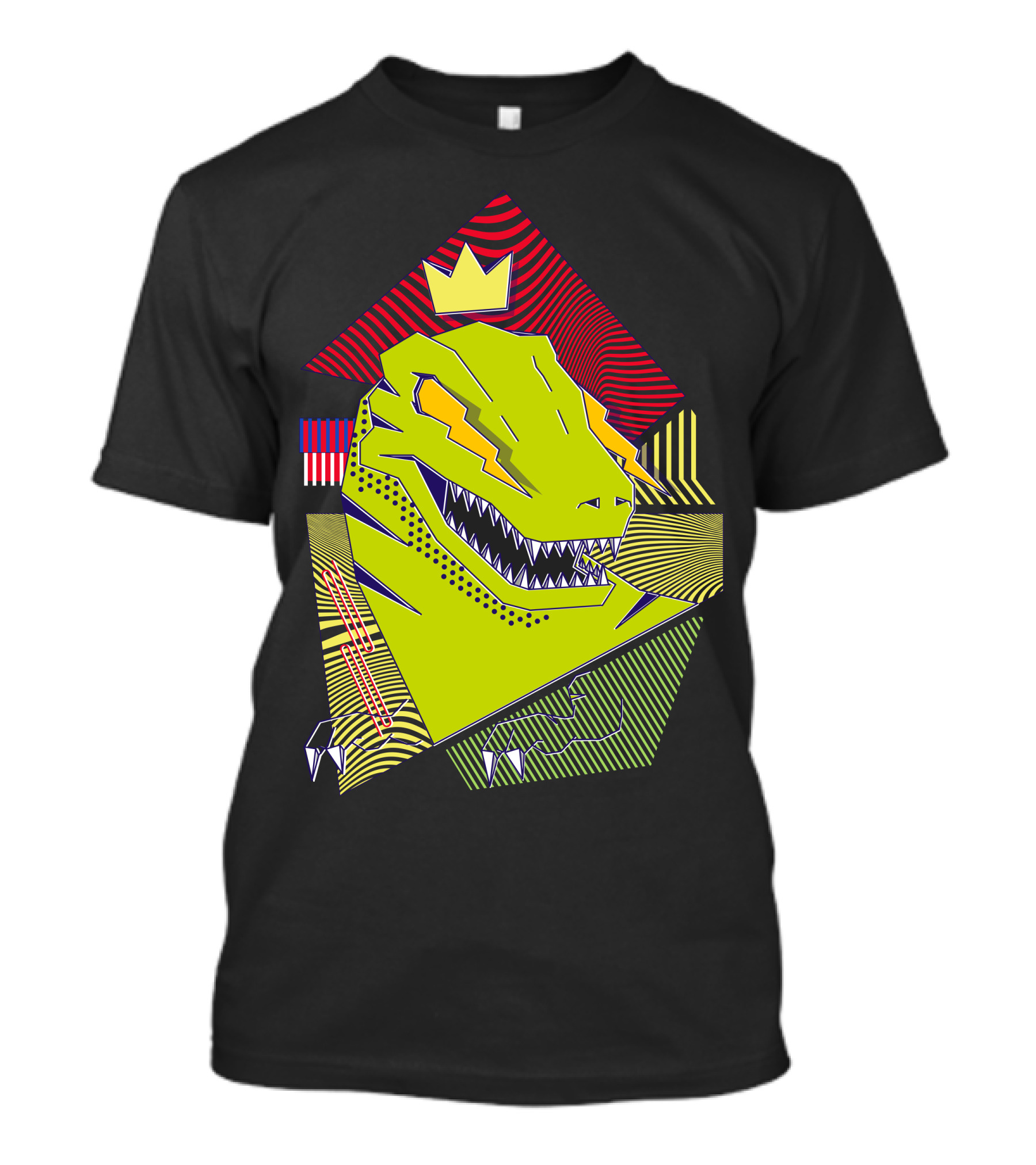 Dini Cool Dinosaur With Crown And Colorful Geometric T-Shirt