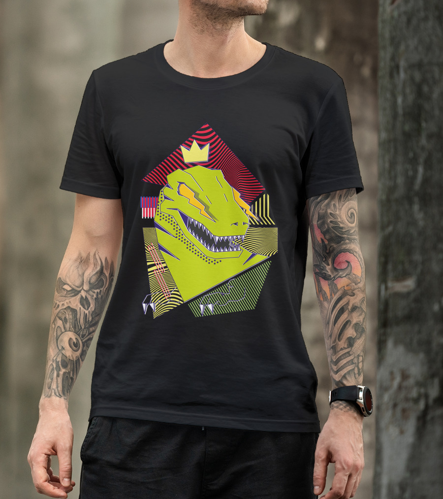 Dini Cool Dinosaur With Crown And Colorful Geometric T-Shirt