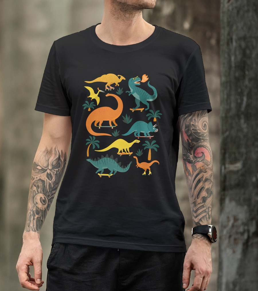 Colorful Dinosaurs Skateboarding Fun Jungle Adventure T-Shirt