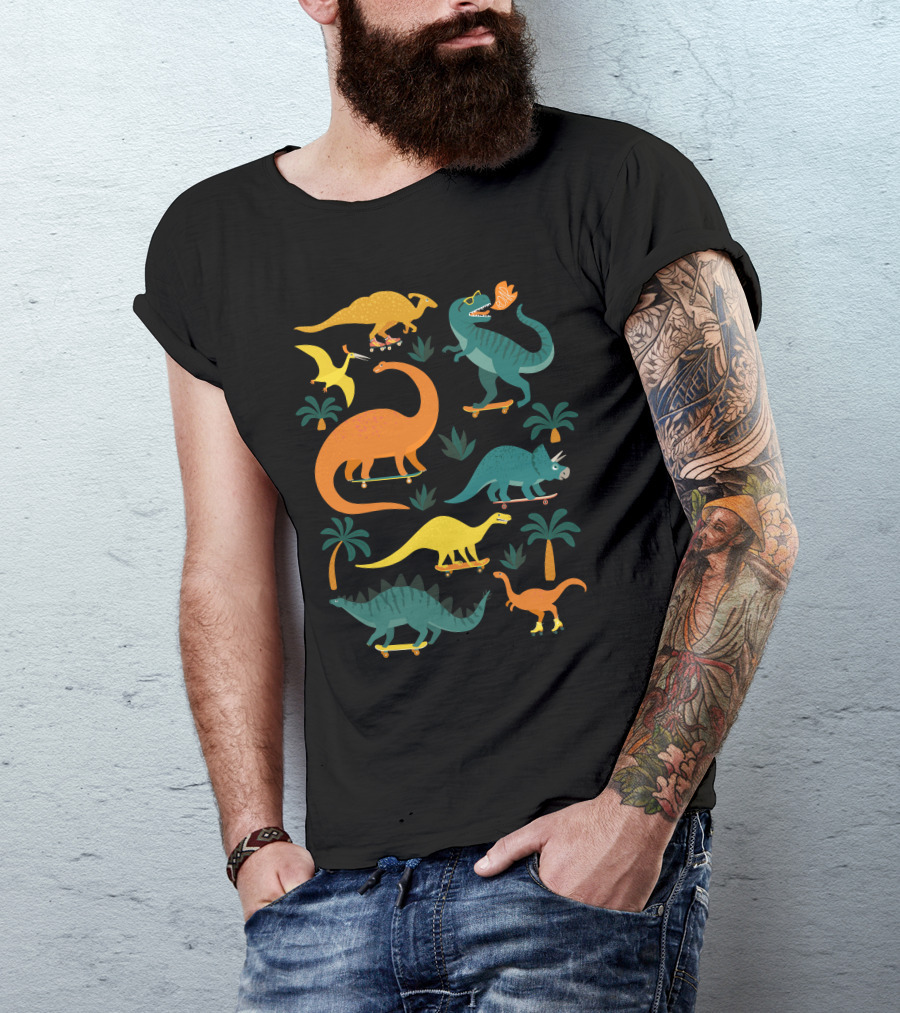 Colorful Dinosaurs Skateboarding Fun Jungle Adventure T-Shirt