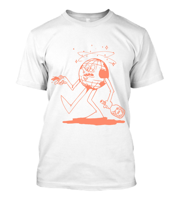 Drunk Earth Globe Character With Bottle Spirals And Stars T-Shirt