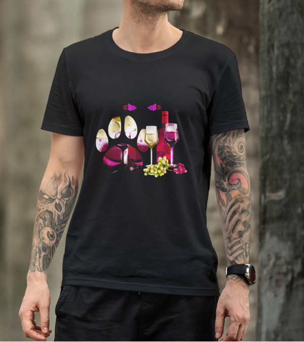 Easily Distracted By Dogs And Wine Paw Print Grapes Bottles And Glasses T-Shirt