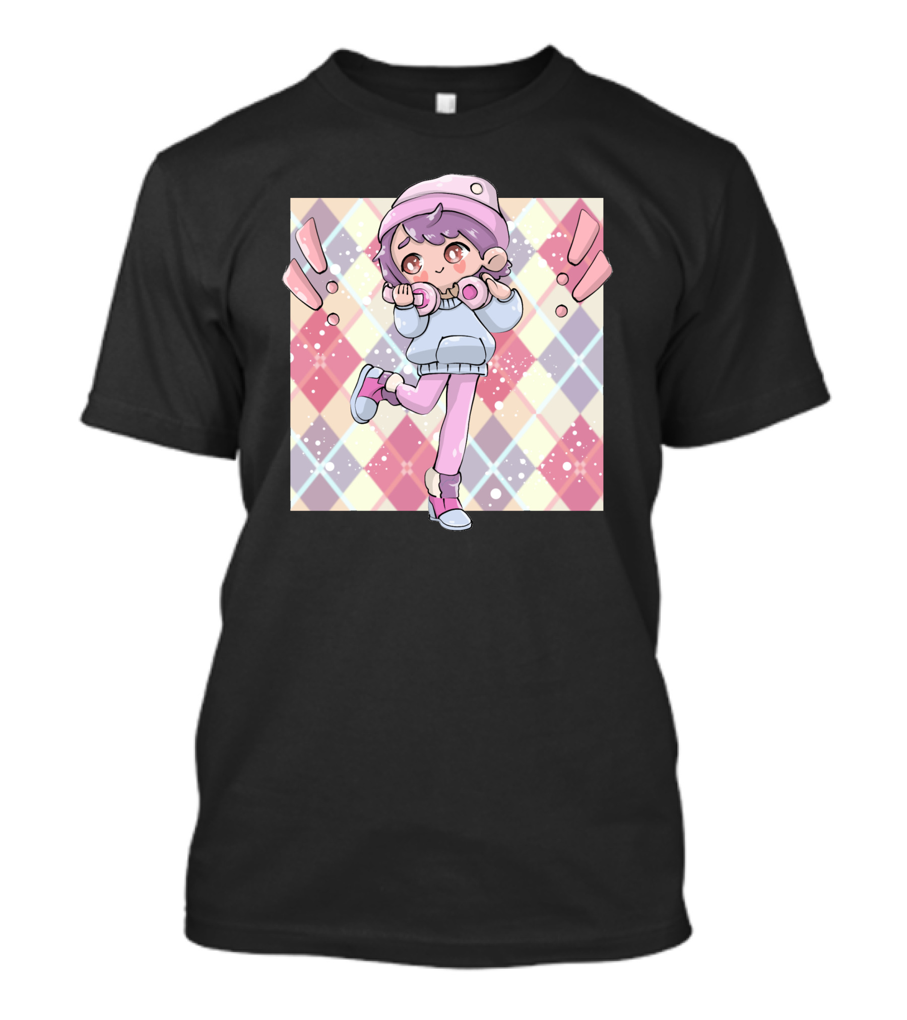 Enjoying Life Cute Pastel Kawaii Character With Headphones And Argyle Background T-Shirt