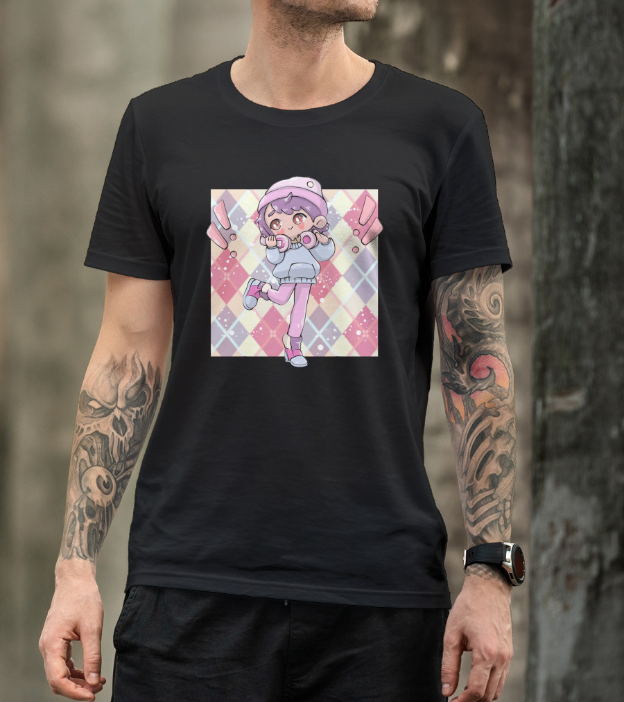 Enjoying Life Cute Pastel Kawaii Character With Headphones And Argyle Background T-Shirt