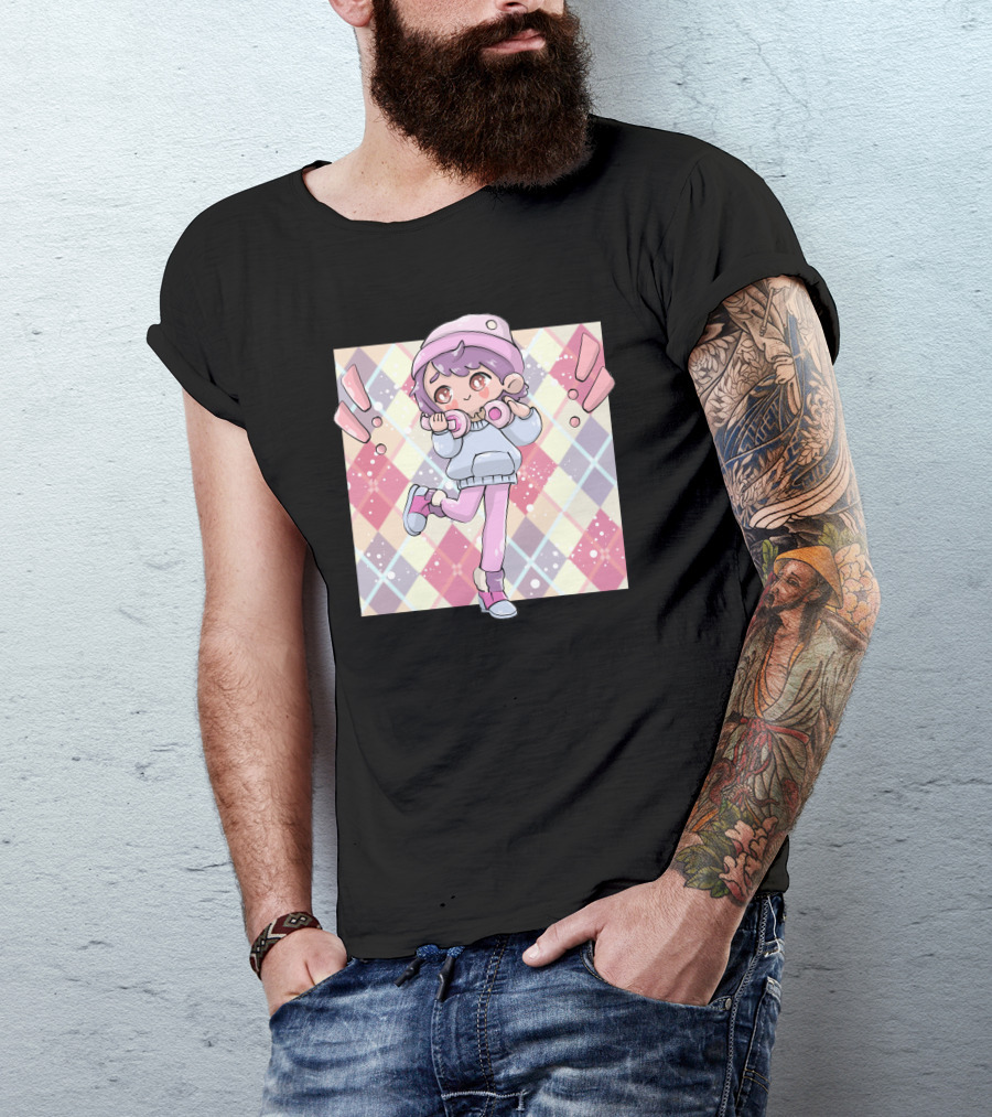 Enjoying Life Cute Pastel Kawaii Character With Headphones And Argyle Background T-Shirt