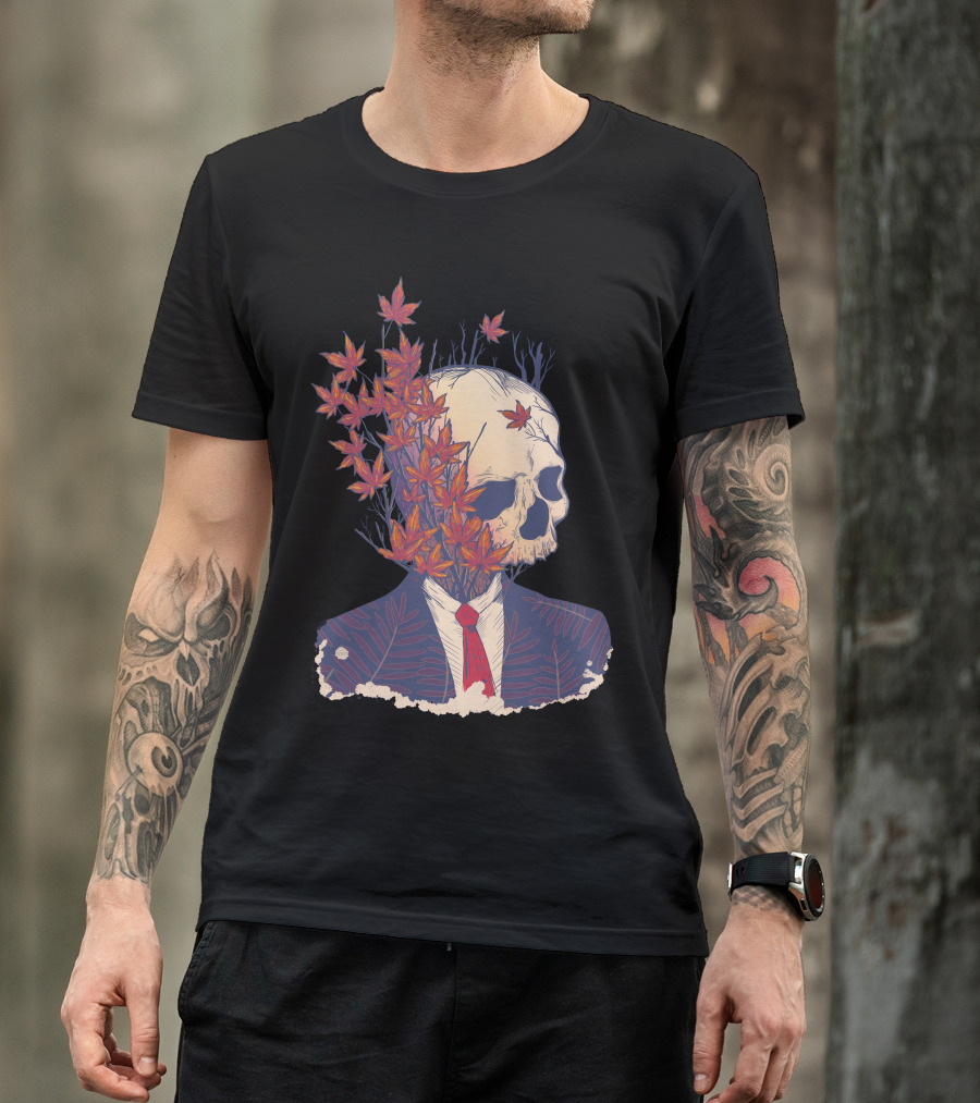Fall Guy Skeleton In Suit With Autumn Leaves T-Shirt