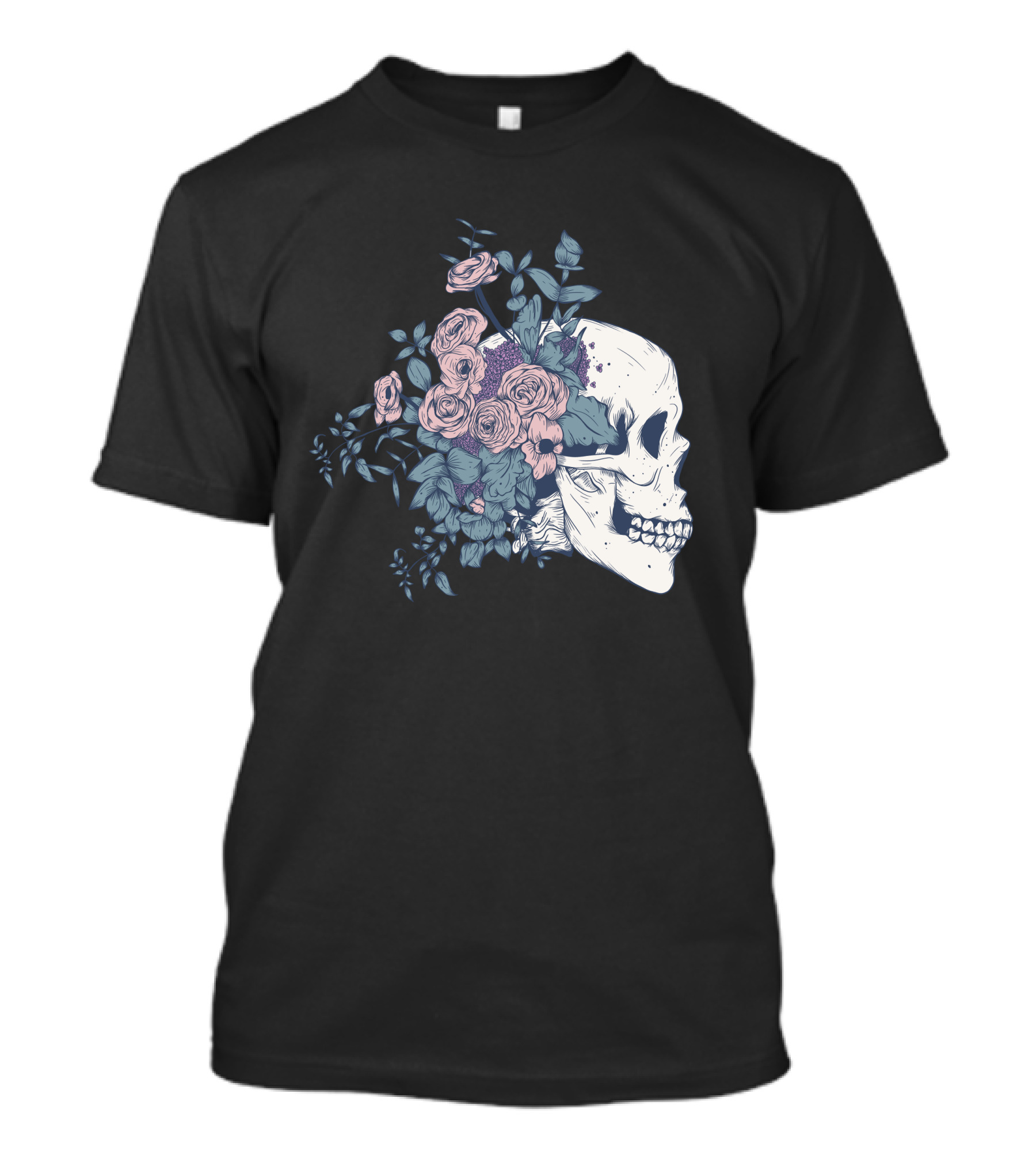 Floral Beauty Skull With Roses And Leaves T-Shirt